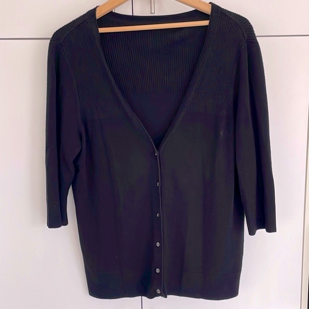 Elegant Black Knit Cardigan Sweater Short Sleeve V Neck Button Plus Large